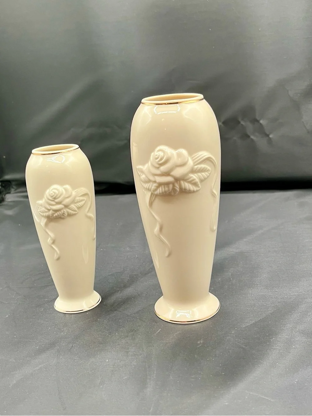 Lenox Rose blossom bud vase porcelain 24K Gold Trim ivory cream set of 2